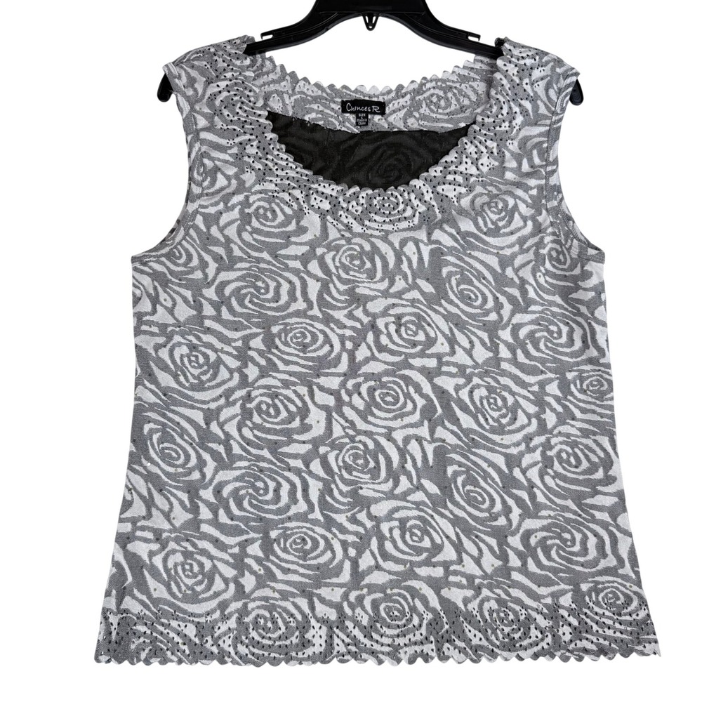 Chances R Tank Top Womens L Gray Rose Floral Scalloped Sequin Romantic Coquette